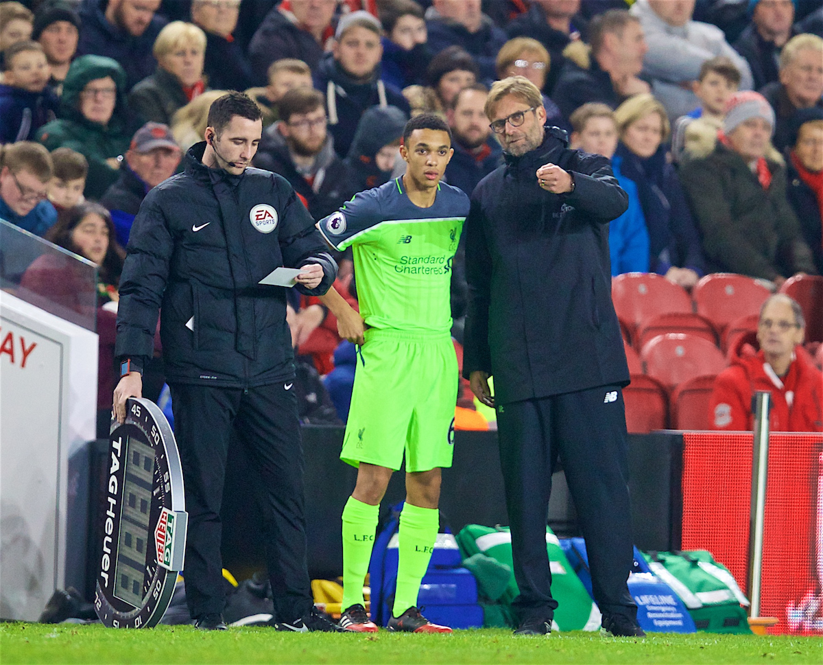 Liverpool's manager Jürgen Klopp prepares to bring on substitute Trent Alexander-Arnold during the FA Premier League match against Middlesbrough at the Riverside Stadium