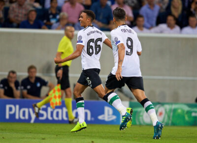 Liverpool's Trent Alexander-Arnold celebrates scoring the first goal during the UEFA Champions League Play-Off 1st Leg match between TSG 1899 Hoffenheim and Liverpool at the Rhein-Neckar-Arena