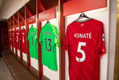 Liverpool players' shirts, including Ibrahima Konaté, hanging in the dressing room at Anfield on display as part of the official stadium tour