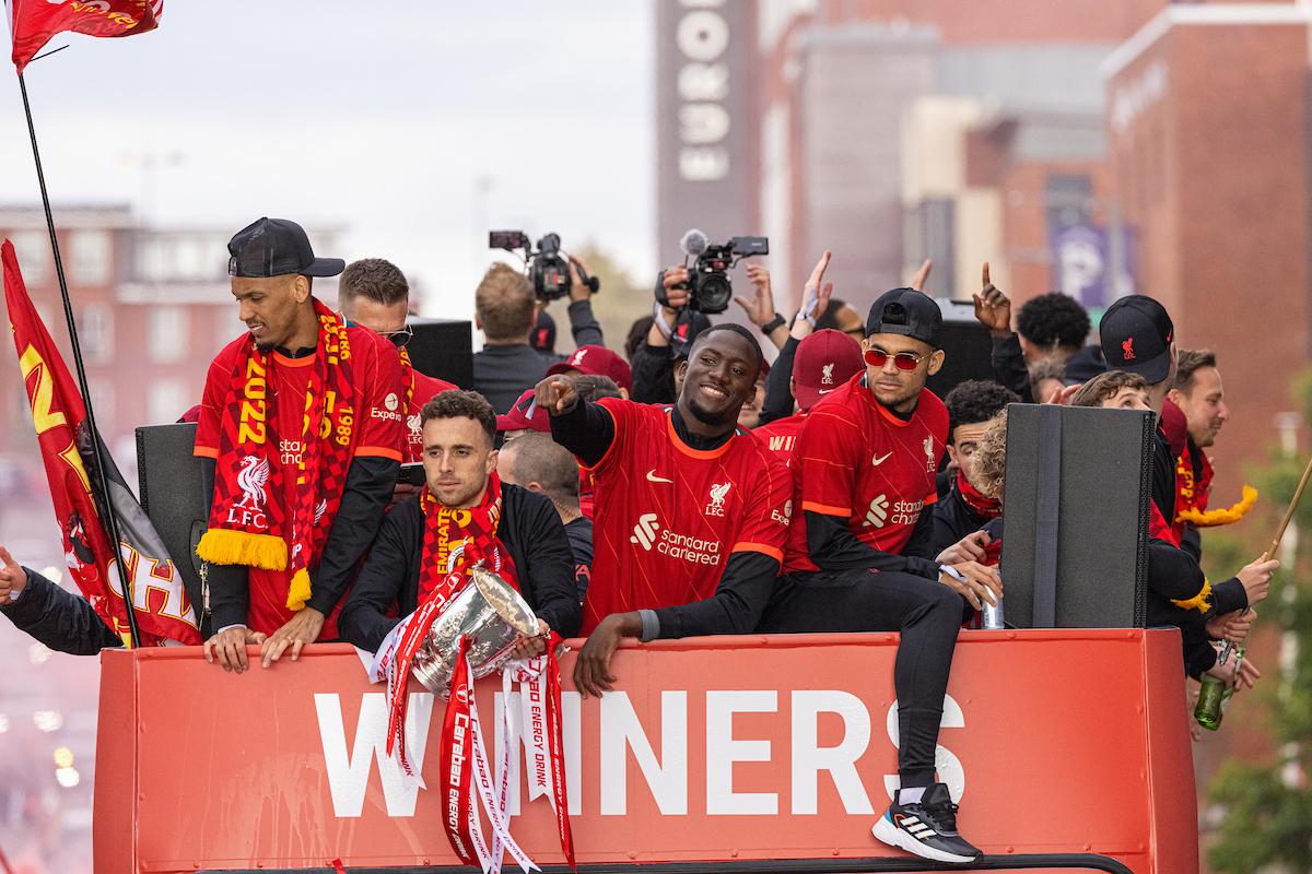 Liverpool's Fabio Henrique Tavares 'Fabinho', Diogo Jota, Ibrahima Konaté, Luis Díaz celebrate during an open top bus parade around the city after the club won the Cup Double, the FA Cup and the Football League Cup