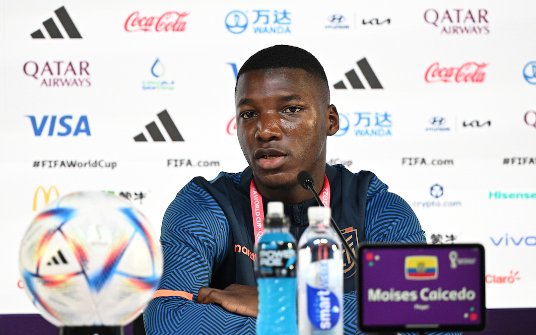 Moises Caicedo of Ecuador talks with the media during the Ecuador Press Conference at on November 19, 2022 in Doha, Qatar