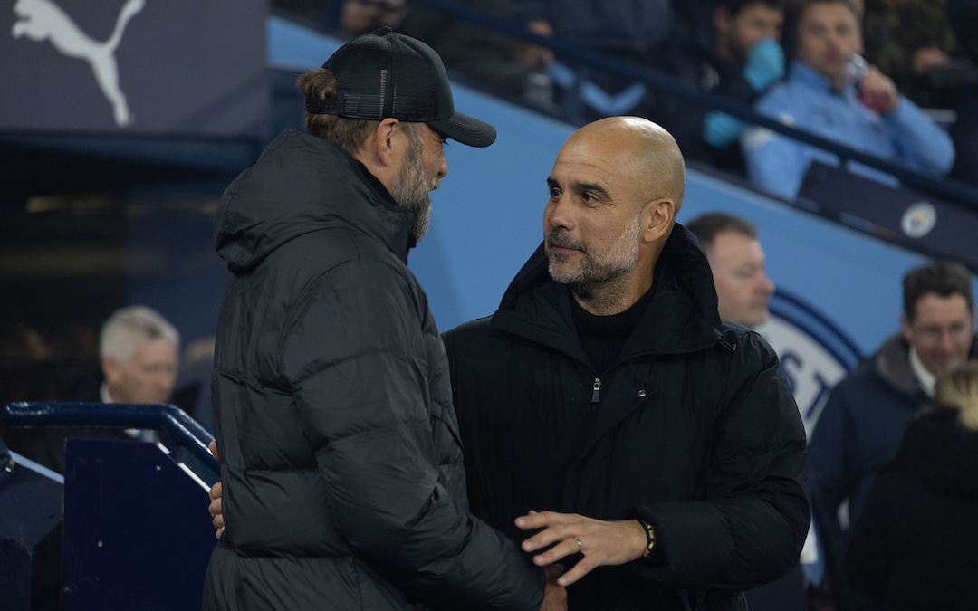 Manchester City's manager Josep 'Pep' Guardiola (R) and Liverpool's manager Jürgen Klopp during the Football League Cup 4th Round match between Manchester City FC and Liverpool FC at the Etihad Stadium