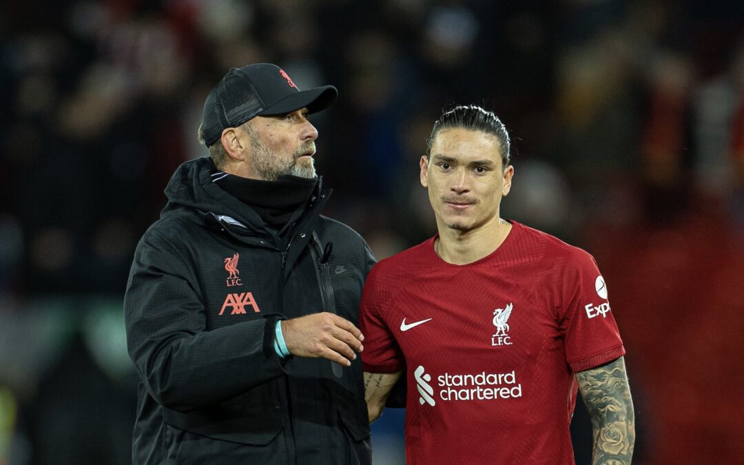 Liverpool's Darwin Núñez (R) and manager Jürgen Klopp after the FA Premier League match between Liverpool FC and Leicester City FC at Anfield