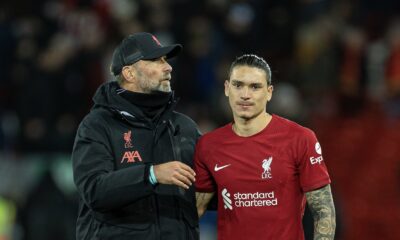 Liverpool's Darwin Núñez (R) and manager Jürgen Klopp after the FA Premier League match between Liverpool FC and Leicester City FC at Anfield