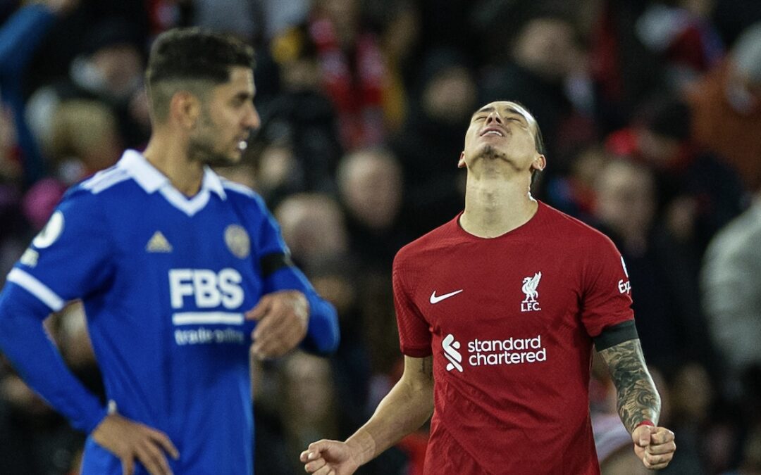 Liverpool's Darwin Núñez celebrates after scoring the second goal during the FA Premier League match between Liverpool FC and Leicester City FC at Anfield