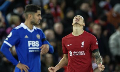 Liverpool's Darwin Núñez celebrates after scoring the second goal during the FA Premier League match between Liverpool FC and Leicester City FC at Anfield