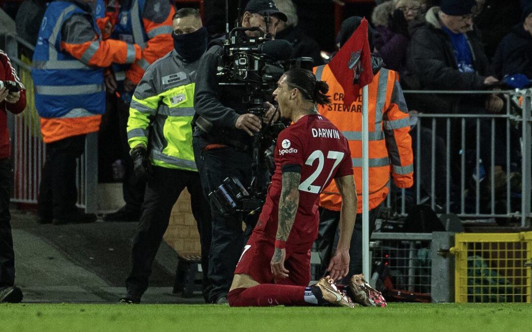 Liverpool's Darwin Núñez celebrates after scoring the second goal during the FA Premier League match between Liverpool FC and Leicester City FC at Anfield