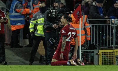 Liverpool's Darwin Núñez celebrates after scoring the second goal during the FA Premier League match between Liverpool FC and Leicester City FC at Anfield