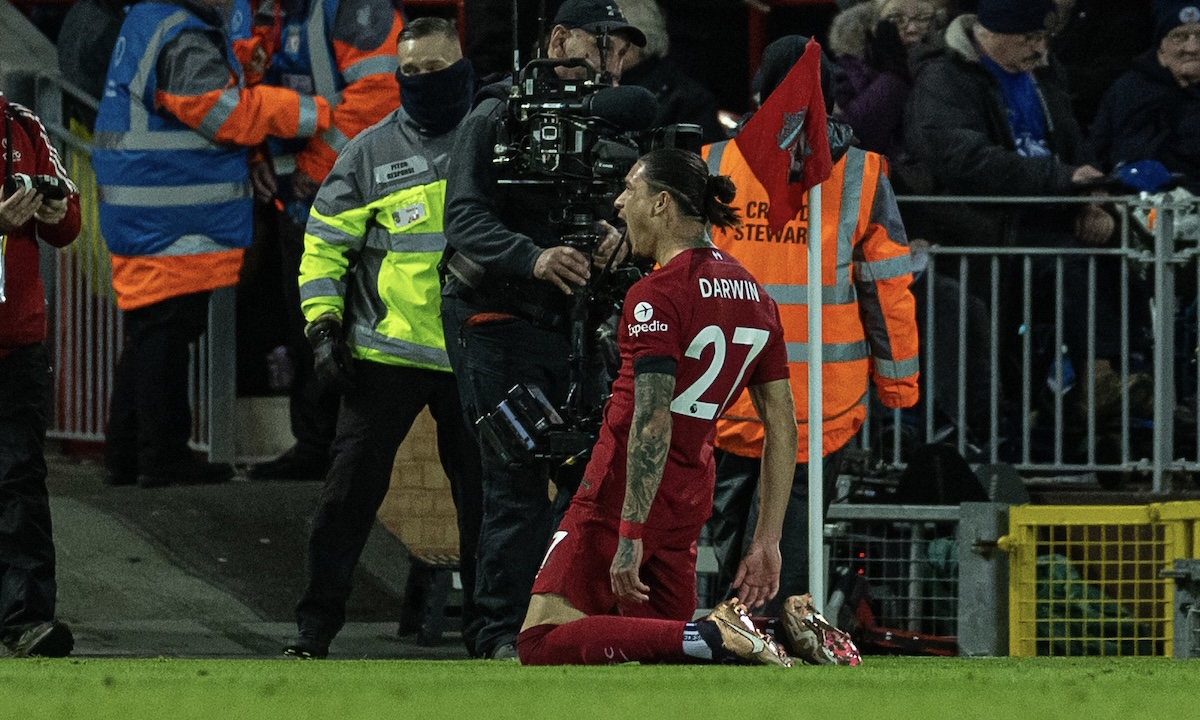Liverpool's Darwin Núñez celebrates after scoring the second goal during the FA Premier League match between Liverpool FC and Leicester City FC at Anfield