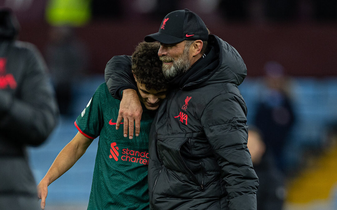 Liverpool's manager Jürgen Klopp (R) embraces goal-scorer Stefan Bajcetic after the FA Premier League match between Aston Villa FC and Liverpool FC at Villa Park