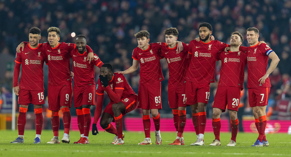Liverpool players look on during the penalty shoot-out during the Football League Cup Quarter-Final match between Liverpool FC and Leicester City FC at Anfield