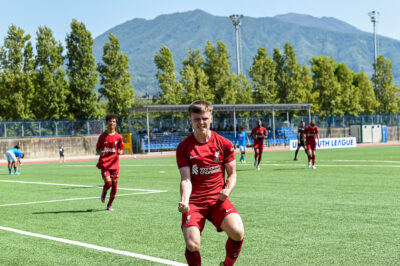 Liverpool's Ben Doak celebrates after scoring the opening goal during the UEFA Youth League Group A Matchday 1 game between SSC Napoli Under-19's and Liverpool FC Under-19's at Giuseppe Piccolo
