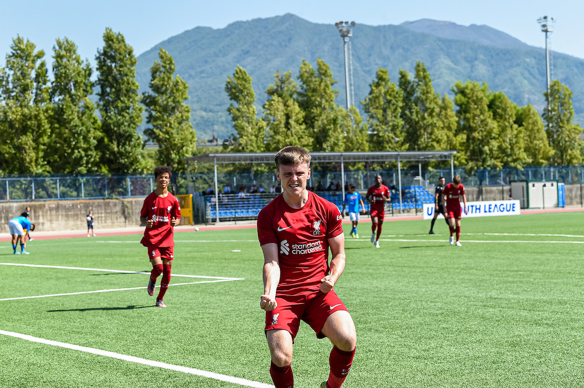Liverpool's Ben Doak celebrates after scoring the opening goal during the UEFA Youth League Group A Matchday 1 game between SSC Napoli Under-19's and Liverpool FC Under-19's at Giuseppe Piccolo
