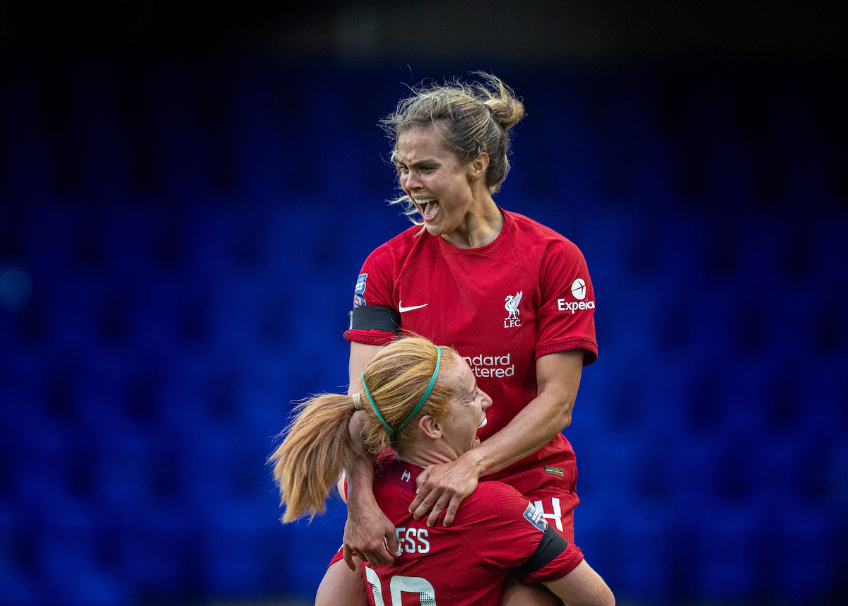 Liverpool's Katie Stengel (R) celebrates with team-mate Ceri Holland after scoring the second goal during the FA Women’s Super League match between Liverpool FC Women and Chelsea FC Women at Prenton Park