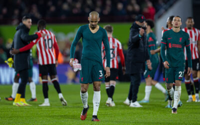 Liverpool's Fabio Henrique Tavares 'Fabinho' (L) looks dejected after the FA Premier League match between Brentford FC and Liverpool FC at the Brentford Community Stadium