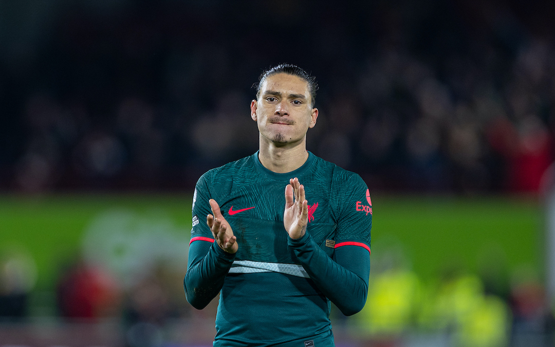 Liverpool's Darwin Núñez looks dejected after the FA Premier League match between Brentford FC and Liverpool FC at the Brentford Community Stadium