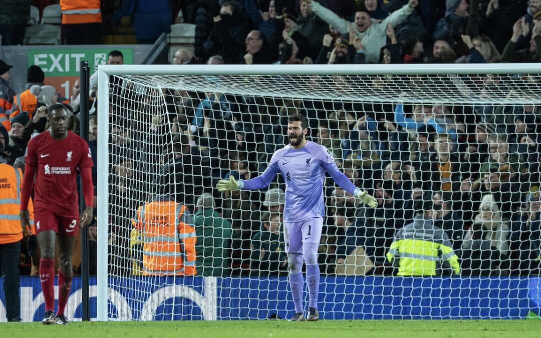 Liverpool's goalkeeper Alisson Becker looks dejected as. Wolverhampton Wanderers score their second goal during the FA Cup 3rd Round match between Liverpool FC and Wolverhampton Wanderers FC at Anfield