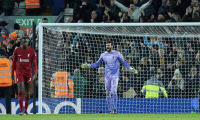 Liverpool's goalkeeper Alisson Becker looks dejected as. Wolverhampton Wanderers score their second goal during the FA Cup 3rd Round match between Liverpool FC and Wolverhampton Wanderers FC at Anfield