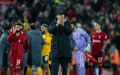 Liverpool's manager Jürgen Klopp applauds the supporters after the FA Cup 3rd Round match between Liverpool FC and Wolverhampton Wanderers FC at Anfield