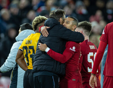 Liverpool's Thiago Alcântara (R) embraces Wolverhampton Wanderers' manager Julen Lopetegui after the FA Cup 3rd Round match between Liverpool FC and Wolverhampton Wanderers FC at Anfield