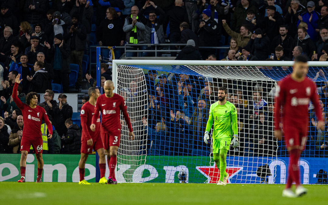 Liverpool's goalkeeper Alisson Becker looks dejected as Brighton & Hove Albion score the opening goal during the FA Premier League match between Brighton & Hove Albion FC and Liverpool FC at the Amex Stadium