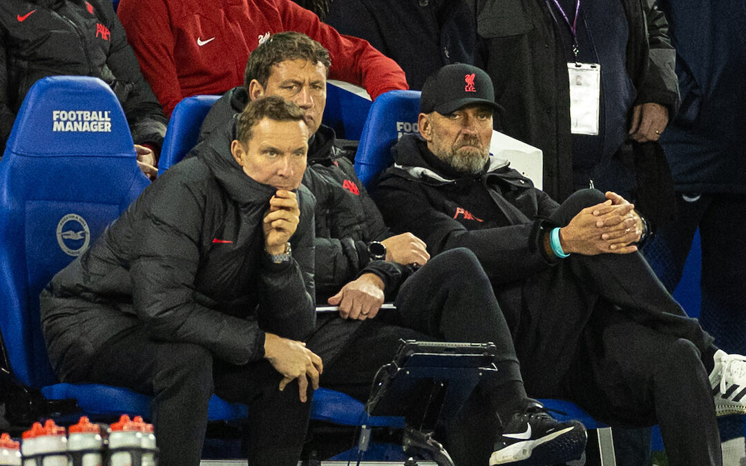 Liverpool's manager Jürgen Klopp looks dejected during the FA Premier League match between Brighton & Hove Albion FC and Liverpool FC at the Falmer Stadium