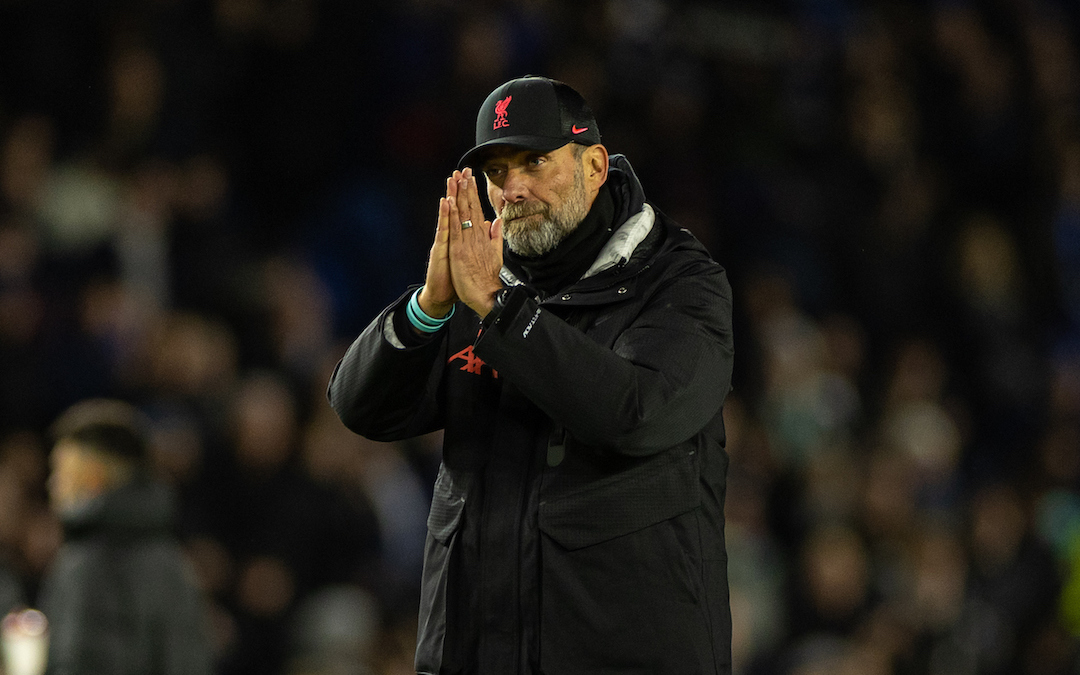Liverpool's manager Jürgen Klopp looks dejected after the FA Premier League match between Brighton & Hove Albion FC and Liverpool FC at the Amex Stadium
