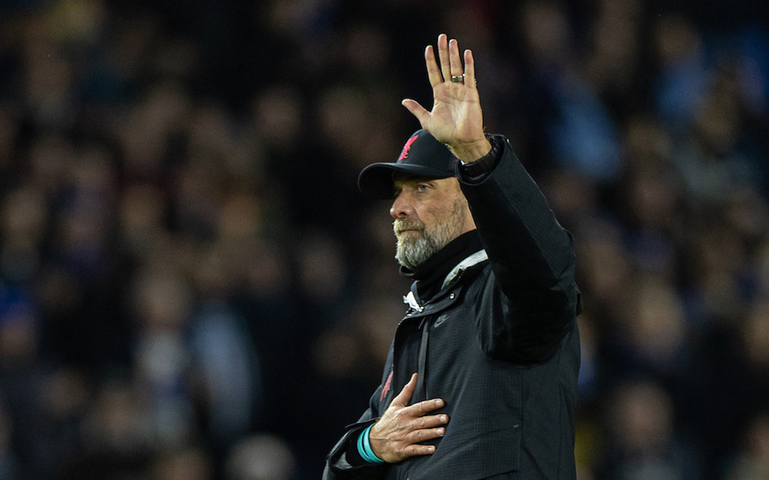 Liverpool's manager Jürgen Klopp guestures towards the travelling supporters after the FA Premier League match between Brighton & Hove Albion FC and Liverpool FC at the Falmer Stadium