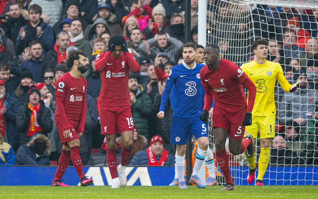 Liverpool's Cody Gakpo (2nd from L) looks dejected after missing a chance during the FA Premier League match between Liverpool FC and Chelsea FC at Anfield