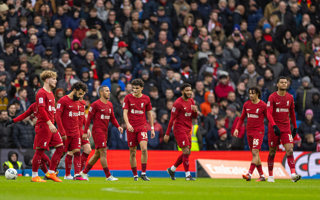 Liverpool players look dejected as Brighton & Hove Albion score the first equalising goal during the FA Cup 4th Round match between Brighton & Hove Albion FC and Liverpool FC at the Falmer Stadium