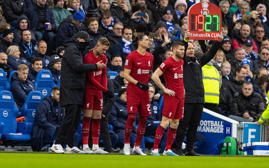 Liverpool's manager Jürgen Klopp makes a triple substitute bringing on captain Jordan Henderson, Darwin Núñez and James Milner during the FA Cup 4th Round match between Brighton & Hove Albion FC and Liverpool FC at the Falmer Stadium