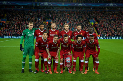 Liverpool's players line-up for a team group photograph before the UEFA Champions League Group E match between Liverpool FC and FC Spartak Moscow at Anfield
