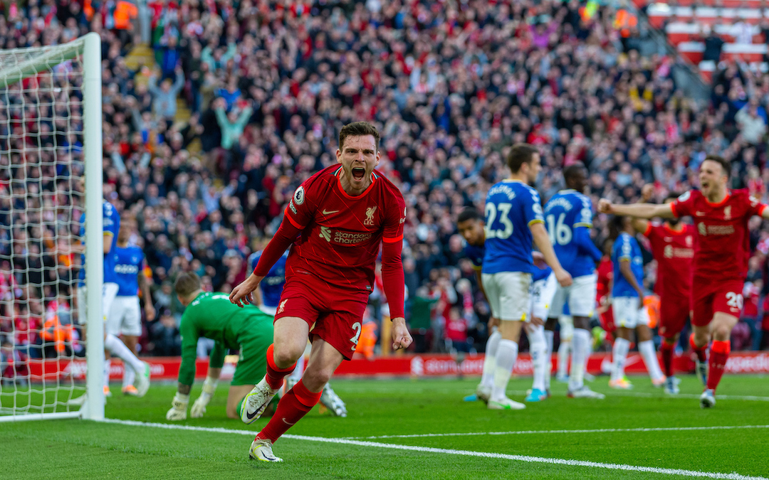 Liverpool's Andy Robertson celebrates after scoring the first goal during the FA Premier League match between Liverpool FC and Everton FC, the 240th Merseyside Derby, at Anfield