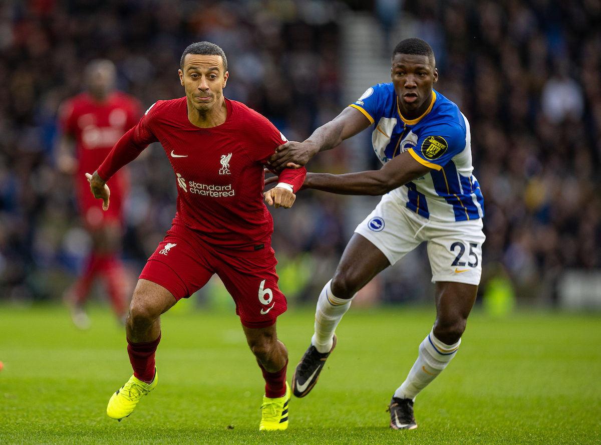 Liverpool's Thiago Alcântara (L) and Brighton & Hove Albion's Moisés Caicedo during the FA Premier League match between Brighton & Hove Albion FC and Liverpool FC at the Falmer Stadium