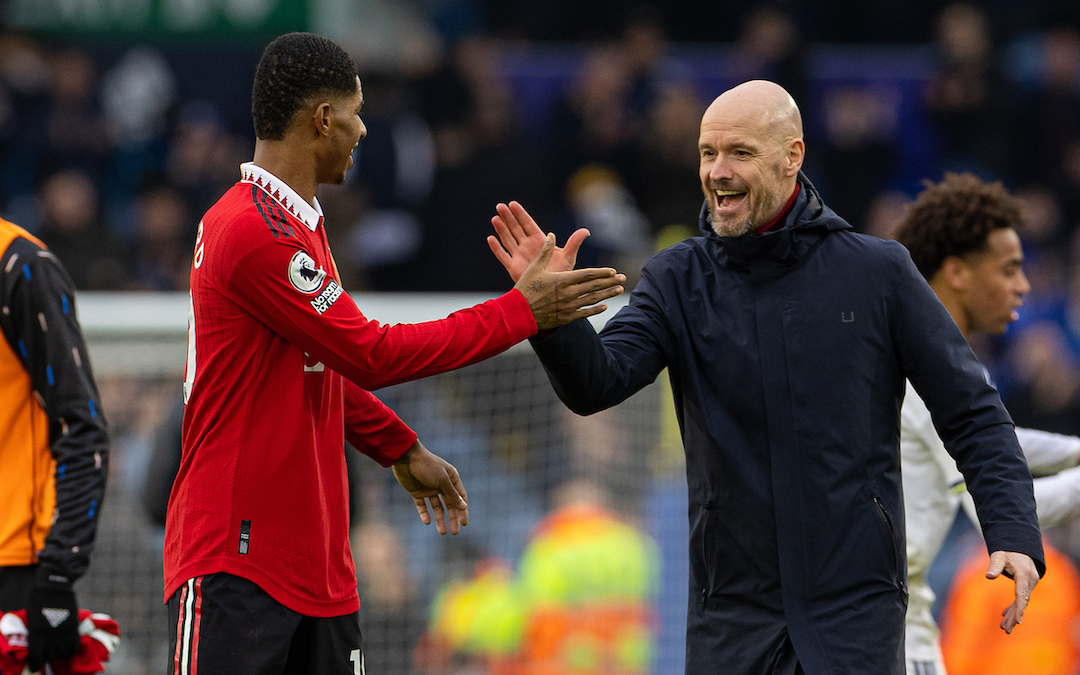 Manchester United's goal-scorer Marcus Rashford celebrates with manager Erik ten Hag after the FA Premier League match between Leeds United FC and Manchester United FC at Elland Road