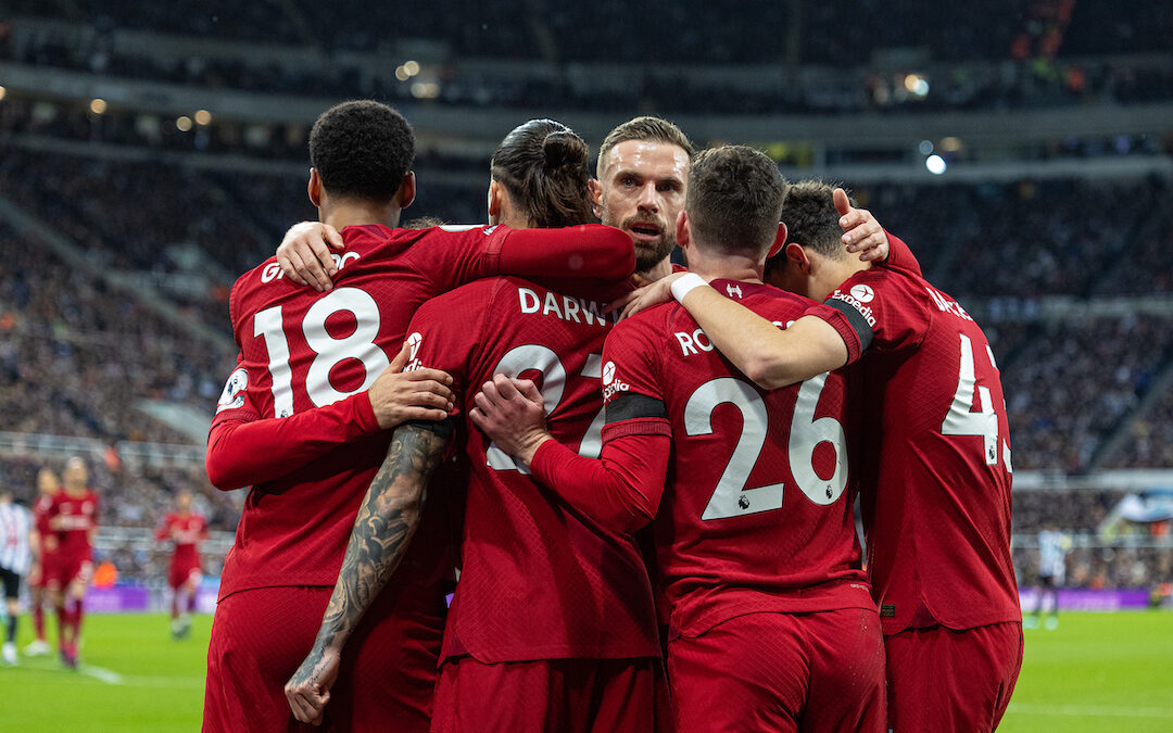 Liverpool's Darwin Núñez (2nd from L) celebrates with team-mates after scoring opening goal during the FA Premier League match between Newcastle United FC and Liverpool FC at St. James' Park