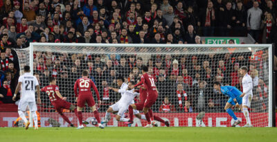 Liverpool's Darwin Núñez sees his shot blocked during the UEFA Champions League Round of 16 1st Leg game between Liverpool FC and Real Madrid at Anfield