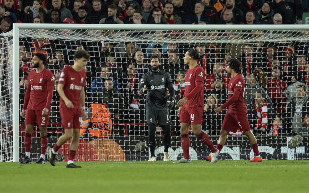 Liverpool's goalkeeper Alisson Becker looks dejected after Real Madrid scored the third goal during the UEFA Champions League Round of 16 1st Leg game between Liverpool FC and Real Madrid at Anfield