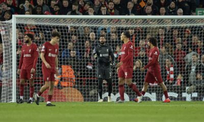 Liverpool's goalkeeper Alisson Becker looks dejected after Real Madrid scored the third goal during the UEFA Champions League Round of 16 1st Leg game between Liverpool FC and Real Madrid at Anfield