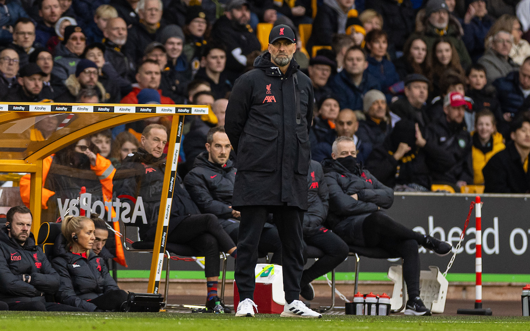 Liverpool's manager Jürgen Klopp during the FA Premier League match between Wolverhampton Wanderers FC and Liverpool FC at Molineux Stadium