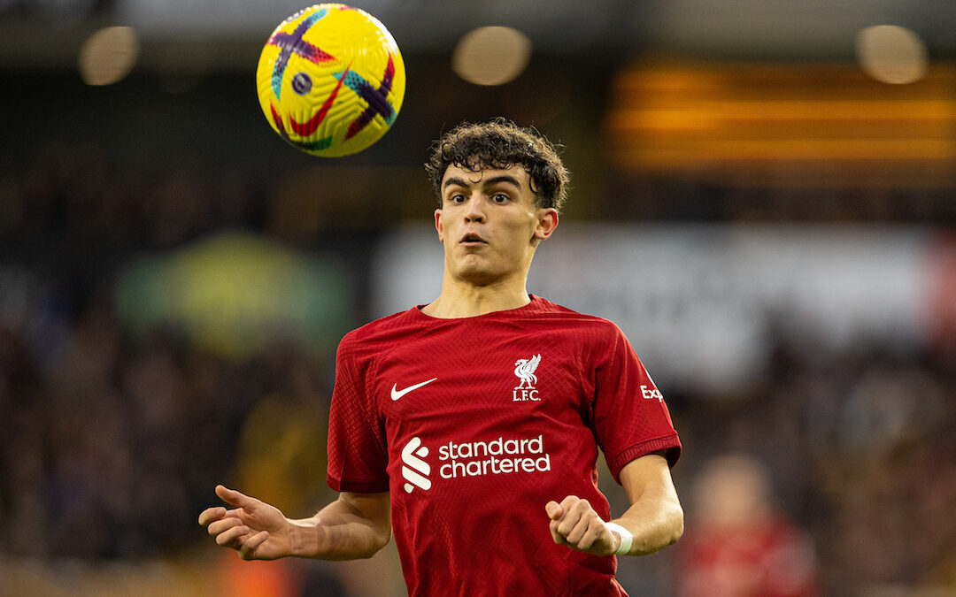 Liverpool's Stefan Bajcetic during the FA Premier League match between Wolverhampton Wanderers FC and Liverpool FC at Molineux Stadium