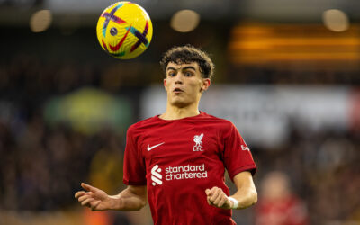 Liverpool's Stefan Bajcetic during the FA Premier League match between Wolverhampton Wanderers FC and Liverpool FC at Molineux Stadium