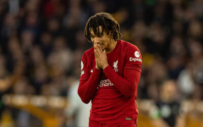 Liverpool's Trent Alexander-Arnold looks dejected after missing a chance during the FA Premier League match between Wolverhampton Wanderers FC and Liverpool FC at Molineux Stadium