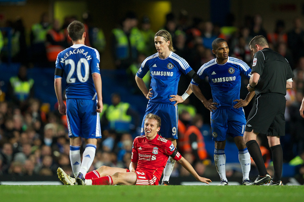Liverpool's Lucas Leiva with a sensitive injury against Chelsea during the Football League Cup Quarter-Final match at Stamford Bridge