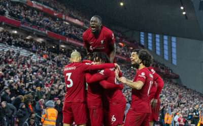 Liverpool's Darwin Núñez (hidden) celebrates with team-mates after scoring the second goal during the FA Premier League match between Liverpool FC and Manchester United FC at Anfield