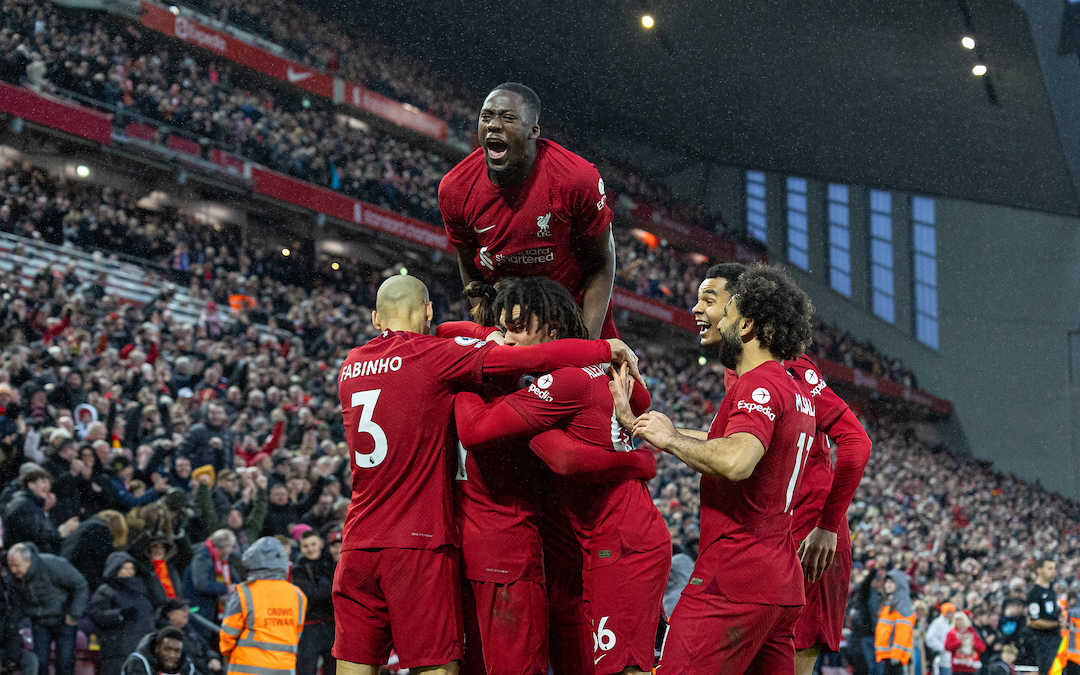 Liverpool's Darwin Núñez (hidden) celebrates with team-mates after scoring the second goal during the FA Premier League match between Liverpool FC and Manchester United FC at Anfield