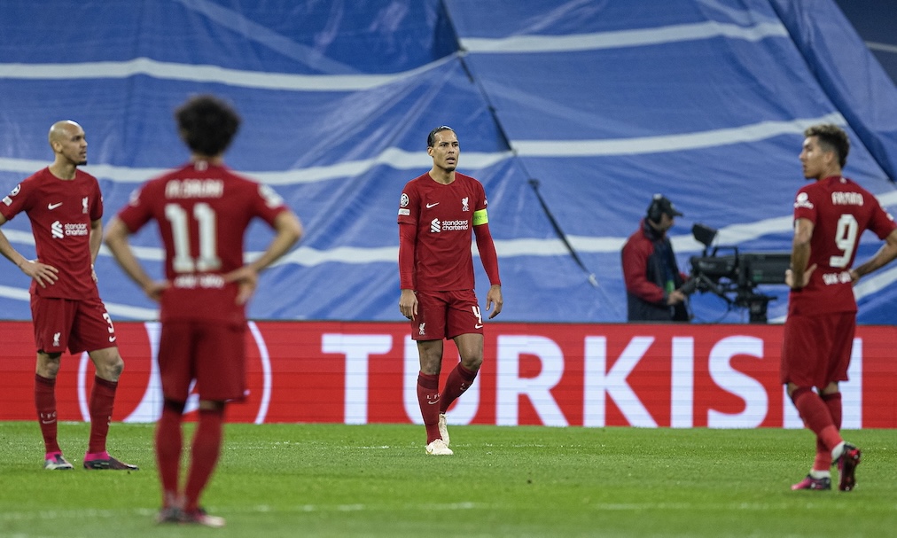 Liverpool's Virgil van Dijk looks dejected as Real Madrid score the opening goal during the UEFA Champions League Round of 16 2nd Leg game between Real Madrid CF and Liverpool FC at the Estadio Santiago Bernabéu