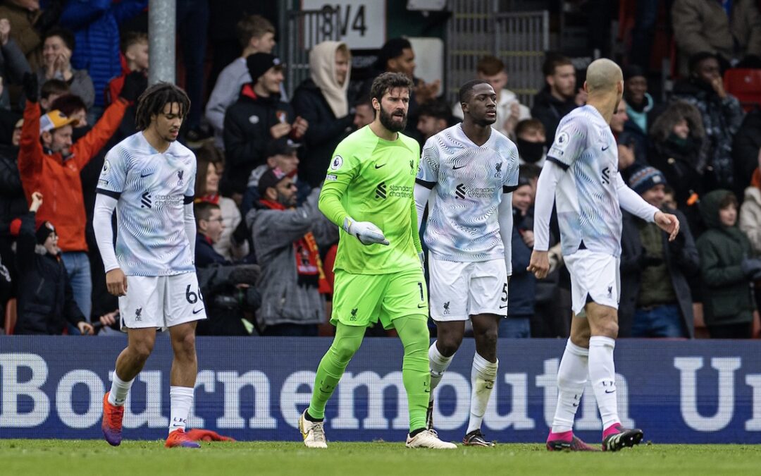 Liverpool's goalkeeper Alisson Becker (C) looks dejected as Bournemouth score the opening goal during the FA Premier League match between AFC Bournemouth and Liverpool FC at the Vitality Stadium