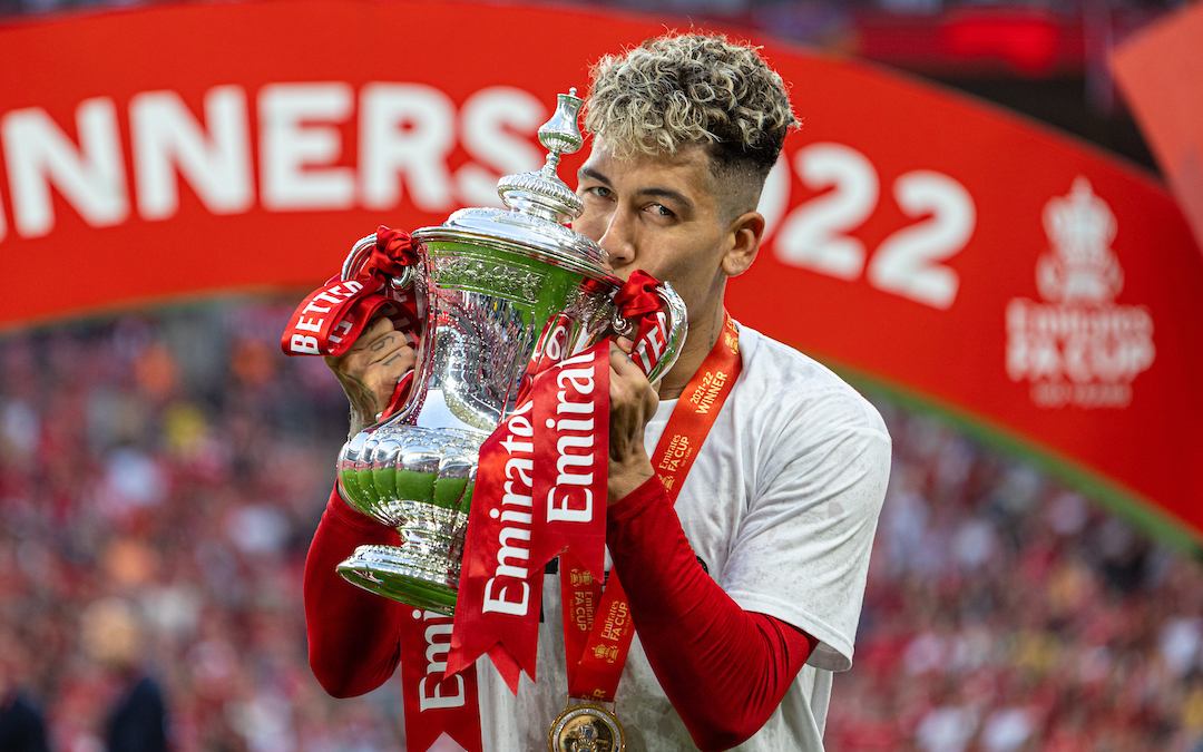 Liverpool's Roberto Firmino kisses the trophy as he celebrates after the FA Cup Final between Chelsea FC and Liverpool FC at Wembley Stadium