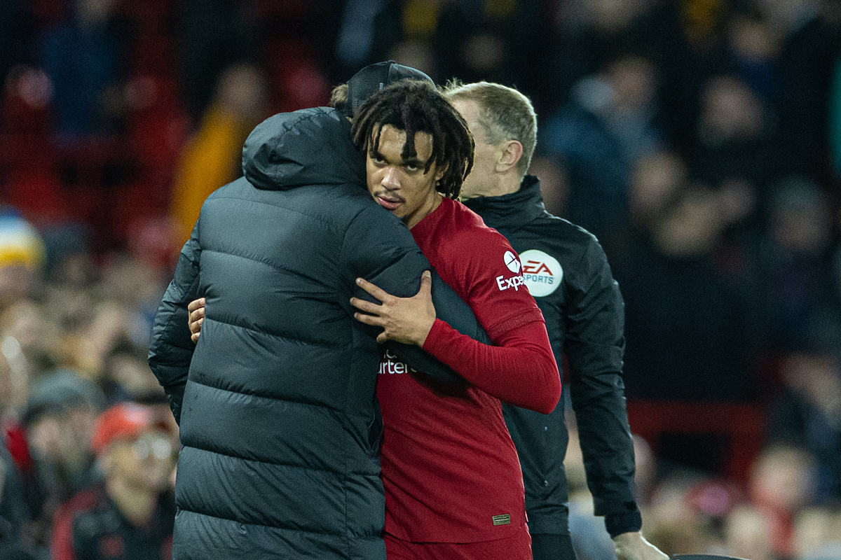 Liverpool's Trent Alexander-Arnold embraces manager Jürgen Klopp as he is substituted during the FA Premier League match between Liverpool FC and Wolverhampton Wanderers FC at Anfield